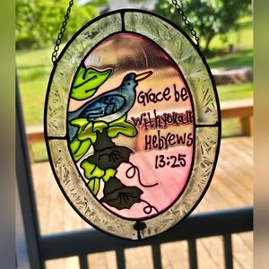 Stained Glass Suncatcher Bird Lilies Bible Verse Window Art Hanging Trinket Sign